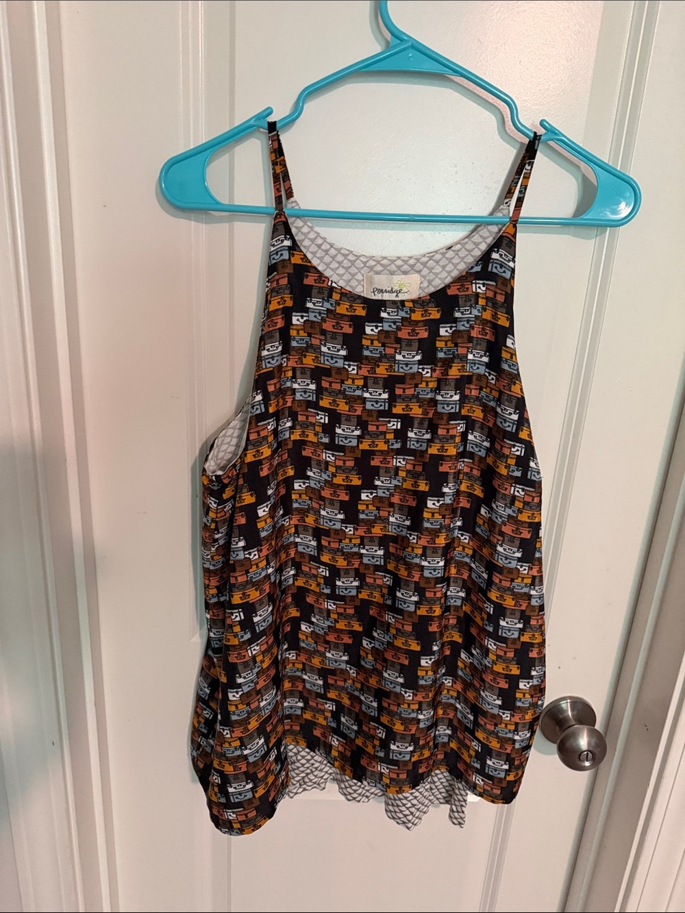 Porridge Black Orange & White Retro Cassette-Print Mesh-Hem Cami